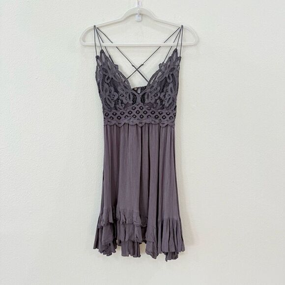 Free People L112316 Womens Dark Grey Adella Frilled Chemise Dress Size Medium - Picture 1 of 11
